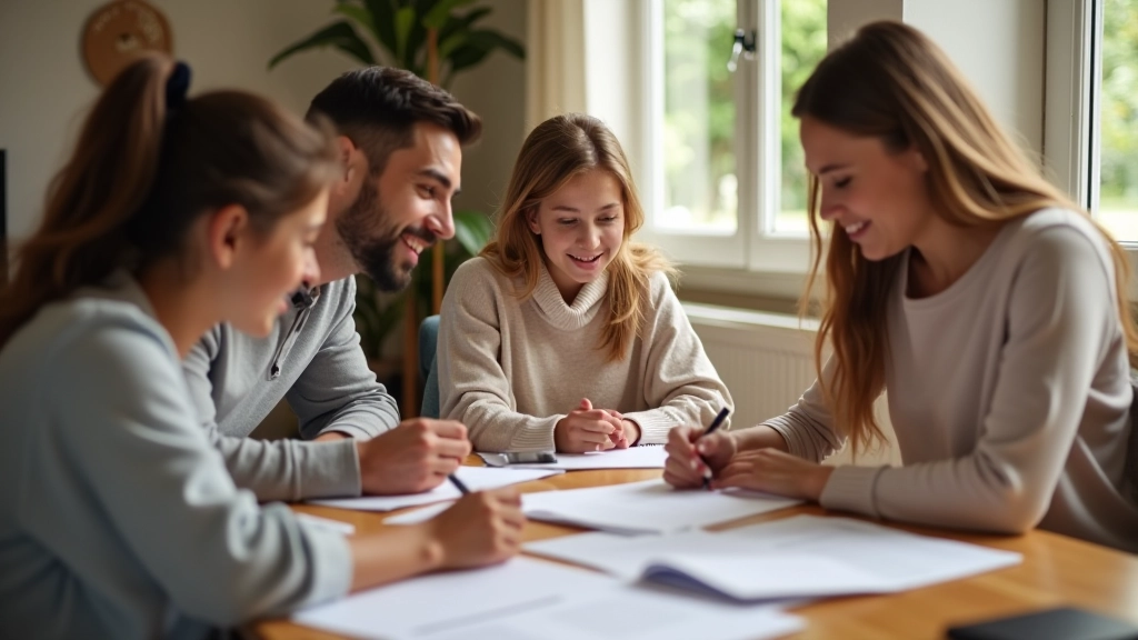 Famille française heureuse examinant ensemble leurs documents d'épargne et de planification financière