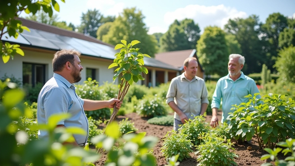 Collage montrant des projets durables : panneaux solaires, construction écologique, projet communautaire