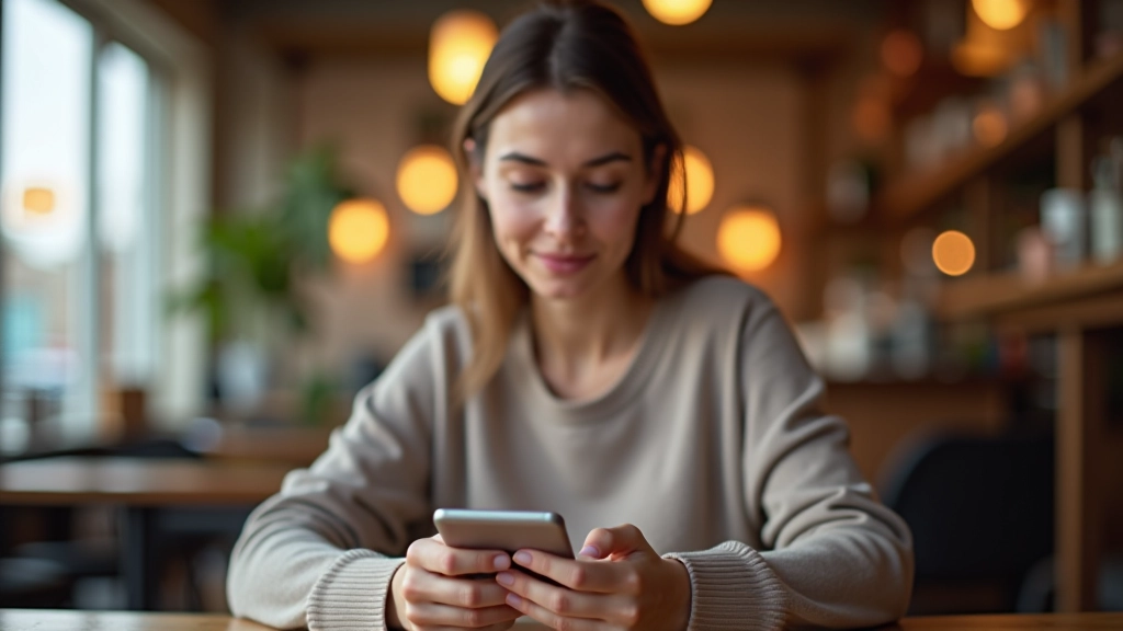 Femme consultando les taux d'intérêt des livrets sur un smartphone, dans un café